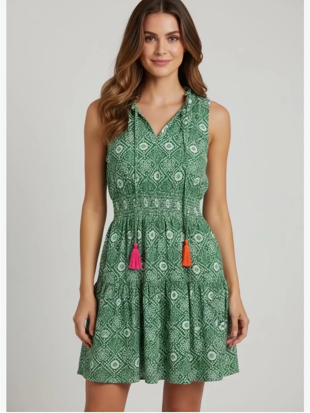 THML Sleeveless Green Printed Smocked Waist Dress with Tassel Tie